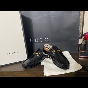 GUCCI Black Leather Gold Horsebit Slingback Slipper Loafer Unisex